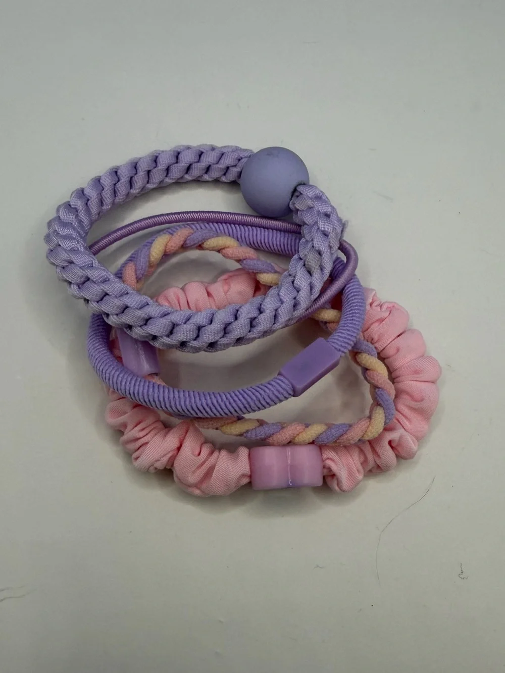 Kids Pastel Pink & Lavender 4 Piece Hair Tie Set with Heart Charm